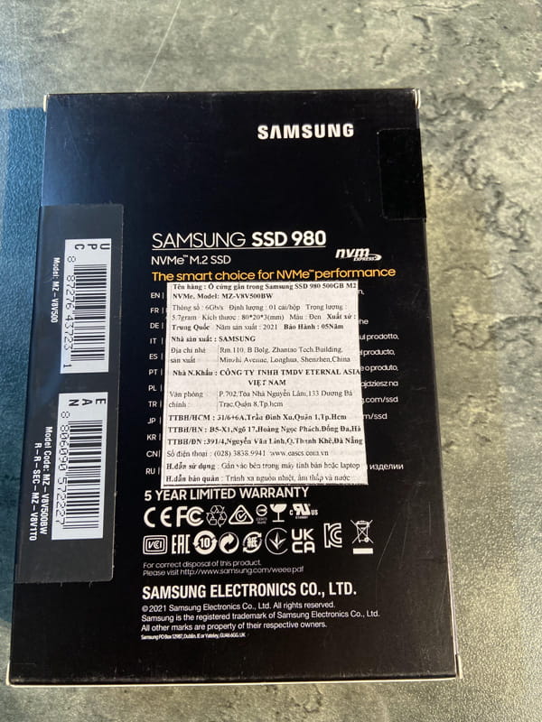 SSD Samsung 980 500GB PCIe NVMe M2.2280 MZ-V8V500BW (đọc: 3100MB/s /ghi: 2600MB/s)