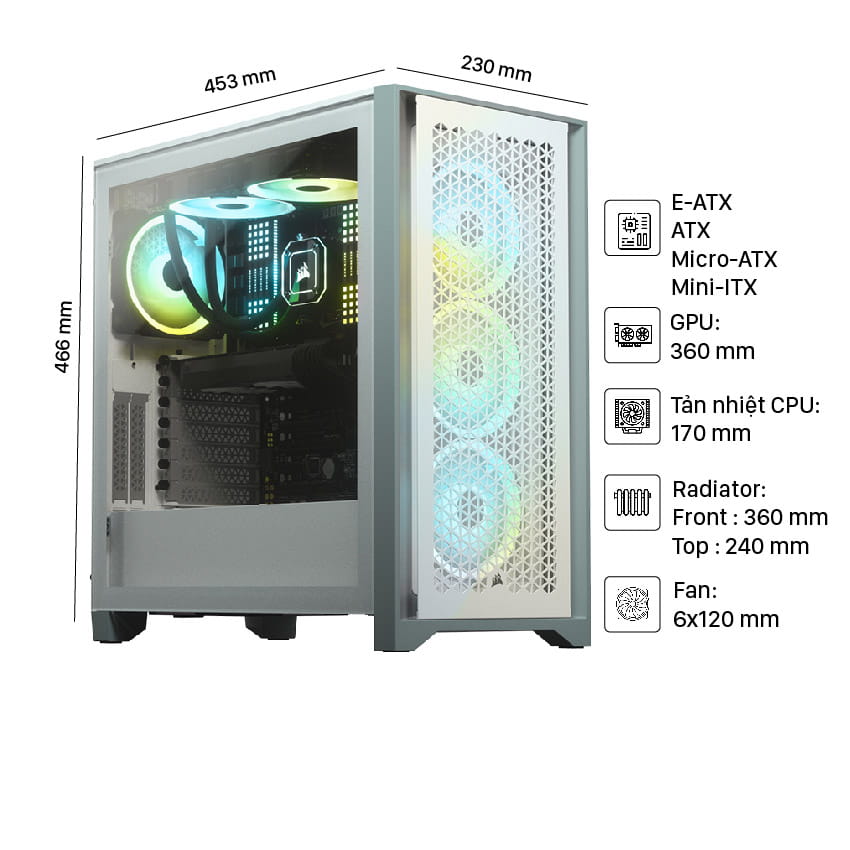 Vỏ Case Corsair 4000D Airflow TG White ( 2 Fan không LED)