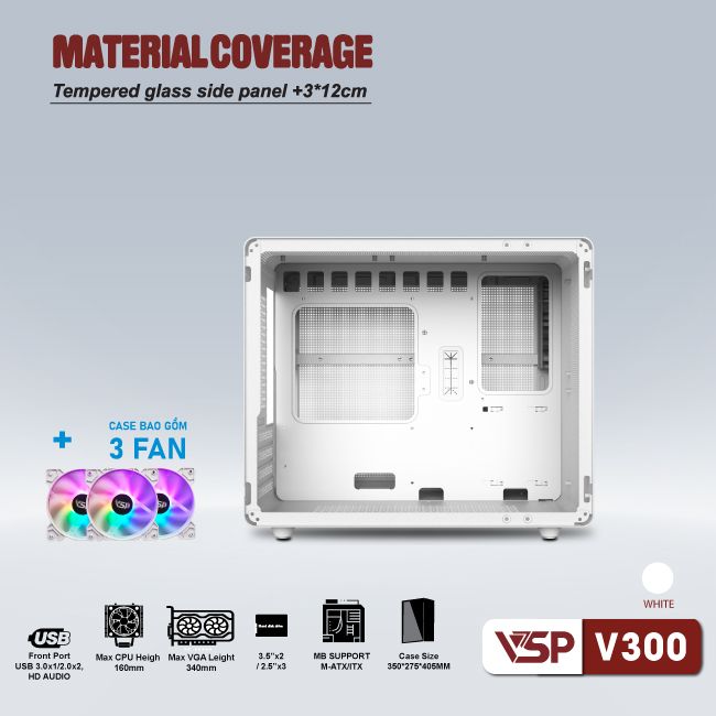 Vỏ case VSP V300 White (kèm 3 fan led)
