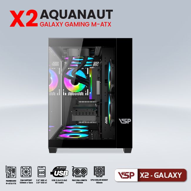 VỎ CASE VSP AQUANAUT PRO GAMING M-ATX X2 GALAXY  BLACK ( NO FAN) 