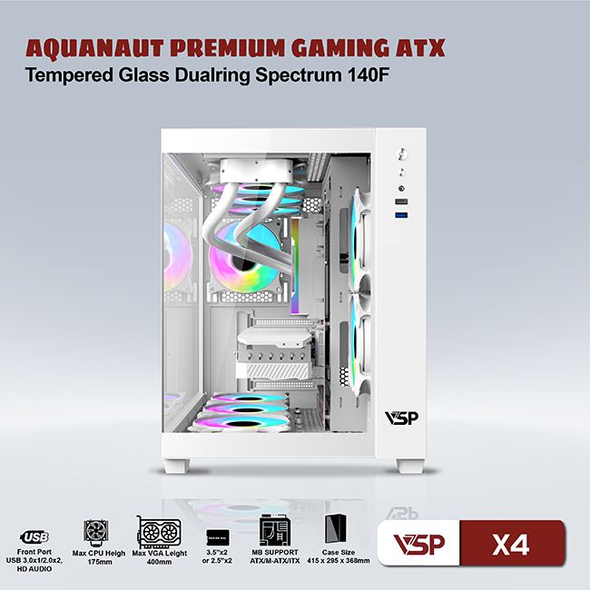 VỎ CASE VSP GAMING AQUANAUT X4 WHITE (ATX) ( NO FAN)