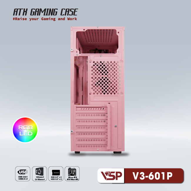 VỎ CASE VSP V3-601P GAMING PINK (ATX)
