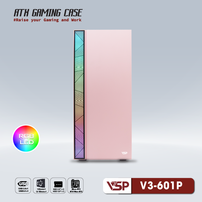 VỎ CASE VSP V3-601P GAMING PINK (ATX)