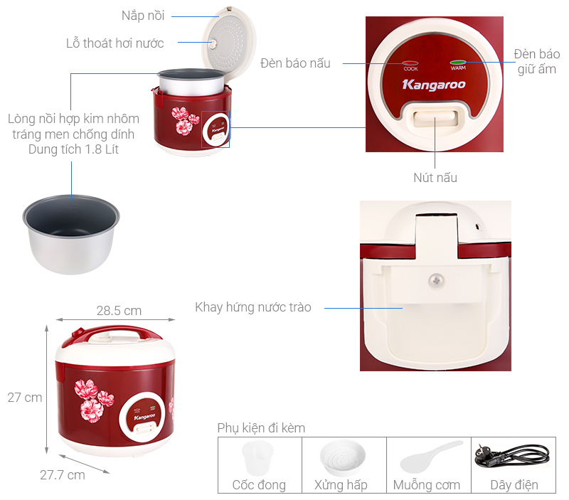 Nồi cơm điện cơ 1.8L nắp gài Kangaroo KG378