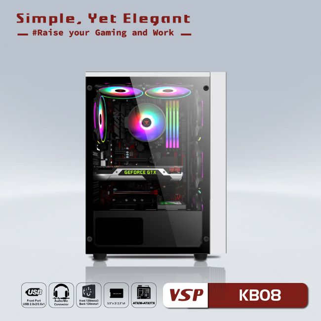 VỎ CASE MÁY TÍNH VSP - ESPORT GAMING KB08 - TRẮNG ( NO FAN)