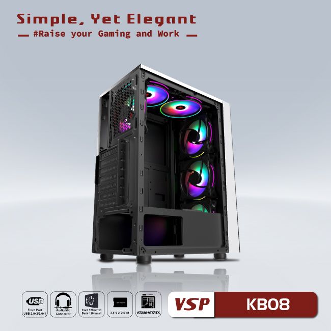 VỎ CASE MÁY TÍNH VSP - ESPORT GAMING KB08 - TRẮNG ( NO FAN)