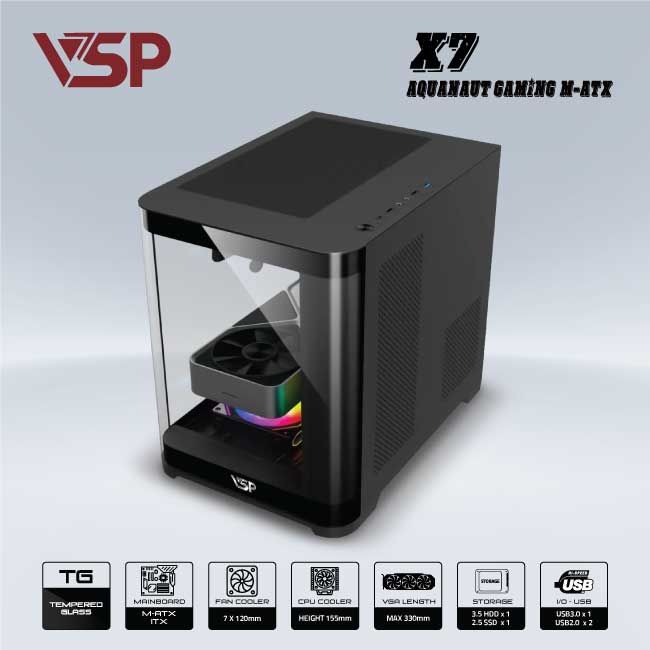 Vỏ case VSP AQUANAUT PRO GAMING M-ATX X7 - ĐEN ( NO FAN)