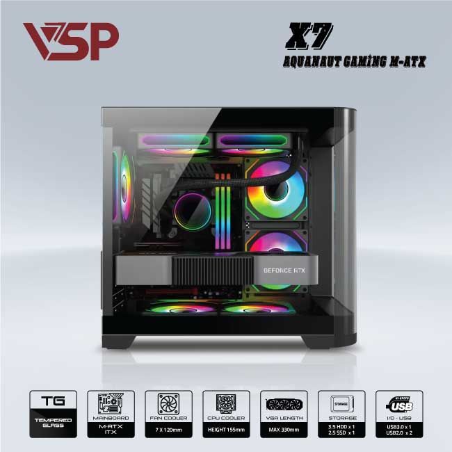 Vỏ case VSP AQUANAUT PRO GAMING M-ATX X7 - ĐEN ( NO FAN)