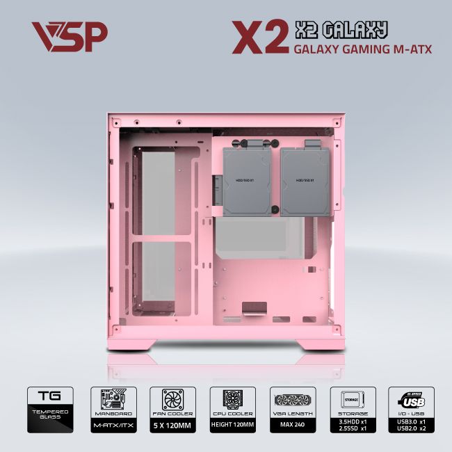 Vỏ Case VSP X2 AQUANAUT Galaxy Gaming Pink(M-ATX) ( NO FAN)