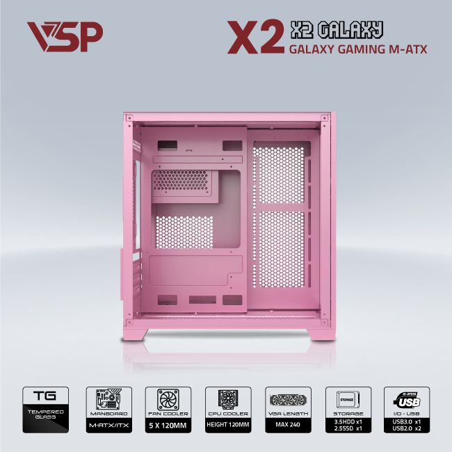 Vỏ Case VSP X2 AQUANAUT Galaxy Gaming Pink(M-ATX) ( NO FAN)