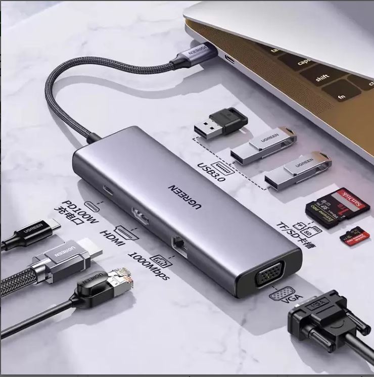 Dây chuyển đổi Ugreen Hub USB Type-C 9 trong 1 ra HDMI 4K@30Hz VGA USB 3.0/Lan 1Gbps/Sạc 100W(15600)