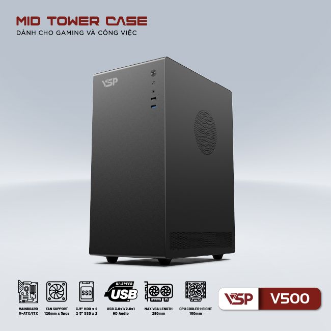 Vỏ thùng VSP V500 - Đen (mATX/Mid Tower)( Không FAN)