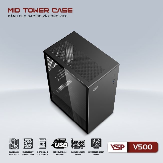 Vỏ thùng VSP V500 - Đen (mATX/Mid Tower)( Không FAN)