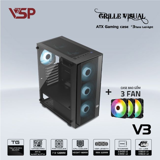 Vỏ thùng VSP V3 Black (370x200x440) (kèm 3 Fan)