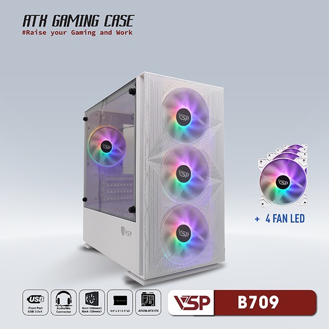 Vỏ Case Máy Tính VSP Gaming Mid Tower B709 - Trắng + 4Fans Led