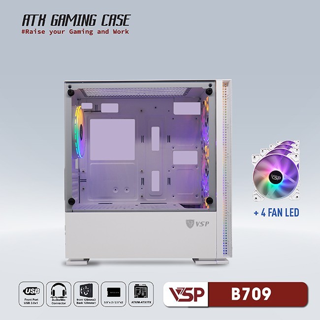 Vỏ Case Máy Tính VSP Gaming Mid Tower B709 - Trắng + 4Fans Led