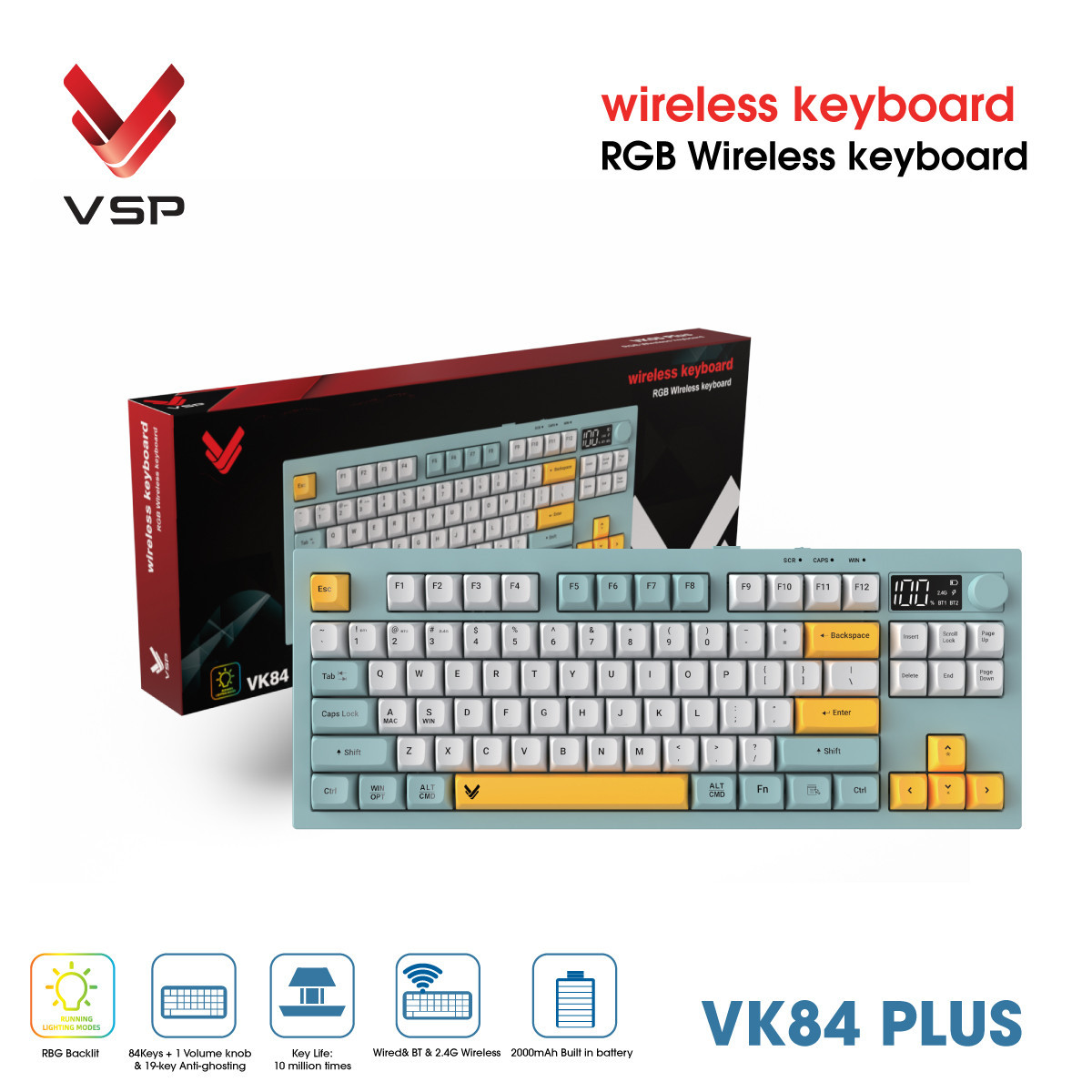 Bàn phím không dây VSP VK84 Plus ( Giả Cơ)  Bluetooth/Wireless