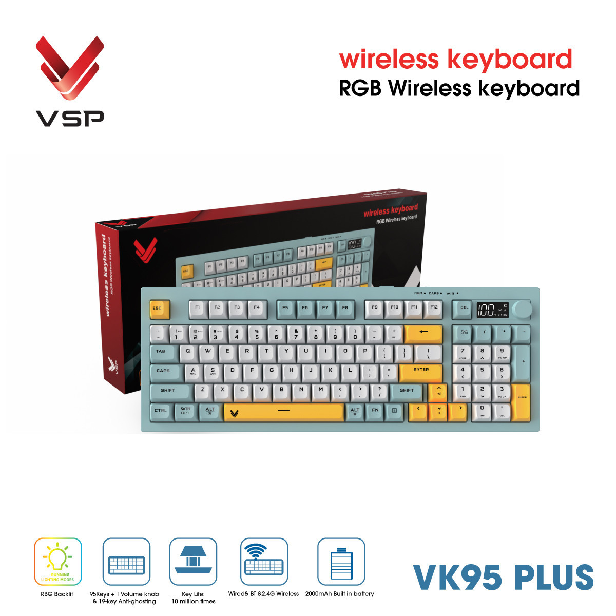 Bàn phím không dây VSP VK95 Plus ( Giả Cơ)  Bluetooth/Wireless