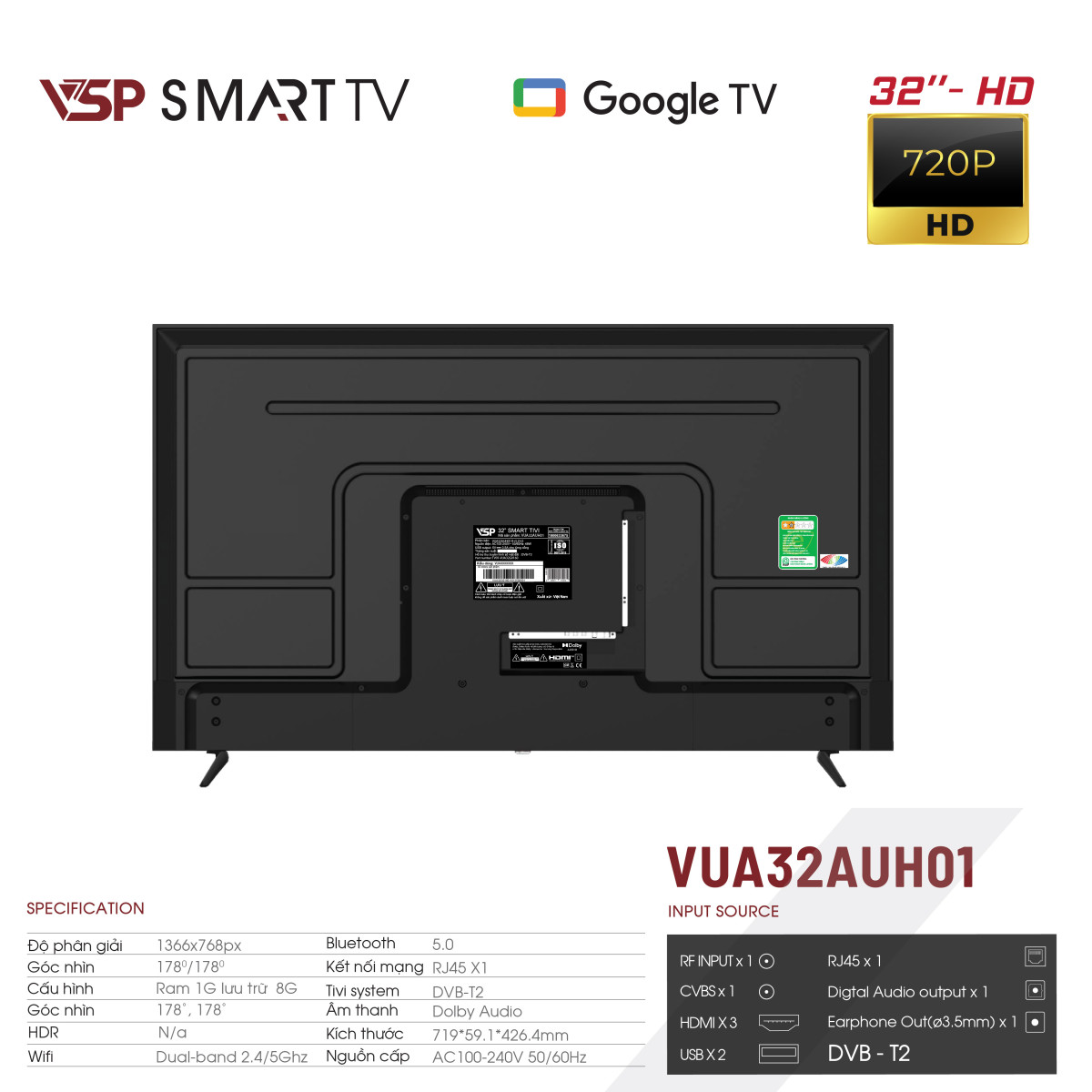 Tivi VSP VUA32AUH01 32 inch HD 1366*768px 60Hz R+5.0