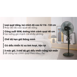 Quạt đứng Midea FS40-15QR, 55W, Có remote, 5 cánh